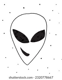 Alien illustration image. 
Hand drawn image artwork of alien. 
Simple cute original logo.
Hand drawn vector illustration for posters, cards, t-shirts.