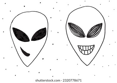 Alien illustration image. 
Hand drawn image artwork of alien. 
Simple cute original logo.
Hand drawn vector illustration for posters, cards, t-shirts.
