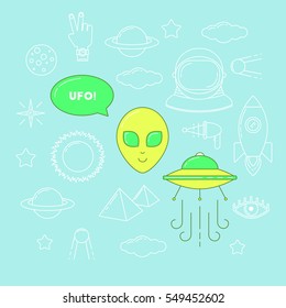 Alien illustration. Line design UFO, alien, planets sticker patches
