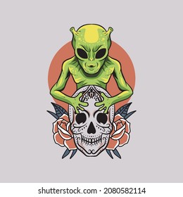 Alien illustration. alien vector with ufo background and meditation style .Vector cartoon style for t-shirt, sticker, web or poster design