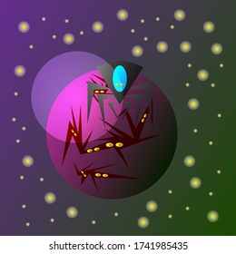 alien insect fictional cartoon character on a planet with cracks from which the shining orange eyes of its inhabitants look against the background of the night starry sky in open space fiction concept