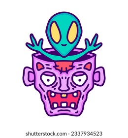 Alien dentro de la cabeza zombie, ilustración para camisetas, pegatinas o artículos de ropa. Con doodle, retro y estilo de caricatura.