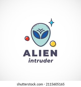 Alien Intruder Abstract Vector Sign, Symbol, Logo Template. Outline Extraterrestrial Creature Face Silhouette with Modern Typography. Science Fiction Fantastic Character Emblem. Isolated