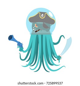 Alien intruders Space pirate Octopus. cosmic monster Invader. poulpe in astronaut  helmet. devilfish  in pirate hat. Saber and gun. Vector illustration