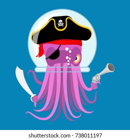 Alien intruders Space pirate Octopus. cosmic monster Invader. poulpe in astronaut  helmet. devilfish  in pirate hat. Saber and gun. Vector illustration
