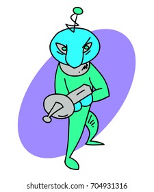 Alien invader cartoon hand drawn image. Original colorful artwork, comic childish style drawing.