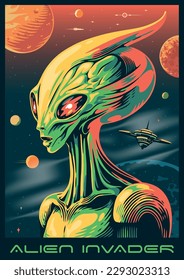 Alien invader colorful vintage flyer with green humanoid standing in space near planets and UFO vector illustration