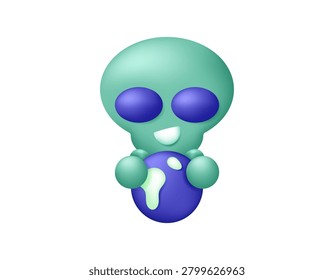 Alien Invasion Concept. 3D style illustration of a green alien holding planet Earth. Extraterrestrials rule the Earth. Symbols, decorative elements. 3d vector.