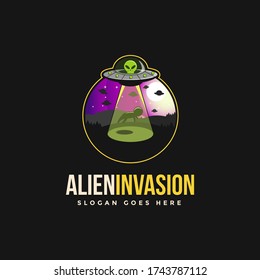 Alien invasion emblem logo icon vector illustration on black background