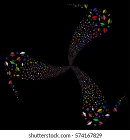 Alien Invasion fireworks swirl rotation. Vector illustration style is flat bright multicolored iconic symbols on a black background. Object twirl made from random pictograms.