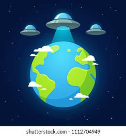 Alien invasion, flying saucer ufos above Earth in outer space. Cartoon vector illustration.