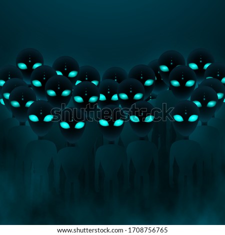 Alien invasion. Group of deamons or aliens with big green eyes. Scary mystery futuristic background. Vector illustration