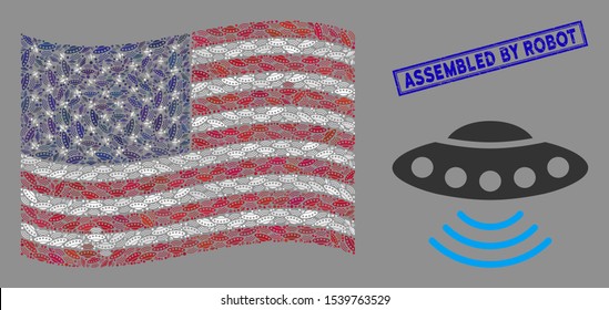 Alien invasion icons are organized into USA flag stylization with blue rectangle grunge stamp seal of Assembled by Robot phrase.