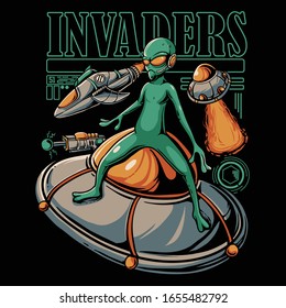 Alien invasion illustration. Ufo and spaceship attacks. Aliens stand on ufo. Vector cartoon style for t-shirt design, stickers, web, or poster