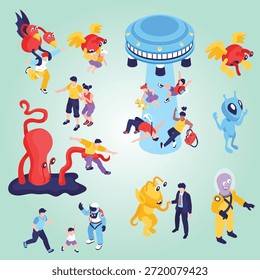 Invasión extraterrestre infografía diseño paisaje misterioso secuestrar visitantes árboles brillantes estrellas criatura aeronave 3d ilustración ciencia ficción peligro