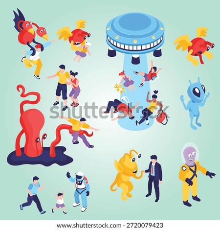 Alien invasion infographics layout landscape mysterious kidnap visitors bright trees stars creature aircraft 3d illustration science fiction danger