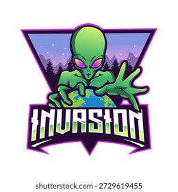Diseño de logotipo de mascota de invasión extraterrestre con fondo de planeta de la tierra