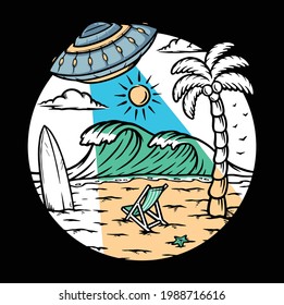 Alien invasion on the beach illustration
