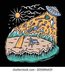 Alien invasion on the beach illustration