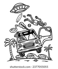 alien invasion on the beach line illustration