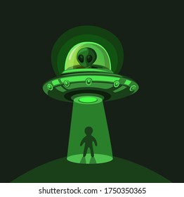 Alien Invasion on Earth. Flying Ufo Abduction with light beam at Night Scene Concept in Comic Cartoon illustration Vector 