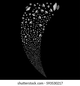 Alien Invasion random fireworks stream. Vector illustration style is flat white iconic symbols on a black background. Object fountain combined from scattered symbols.