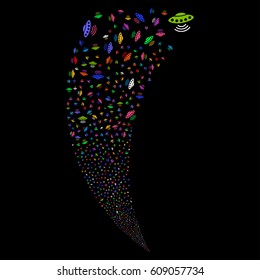 Alien Invasion random fireworks stream. Vector illustration style is flat bright multicolored iconic symbols on a black background. Object fountain made from scattered design elements.