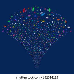 Alien Invasion salute stream. Vector illustration style is flat bright multicolored iconic symbols on a blue background. Object stream fountain done from random pictograms.