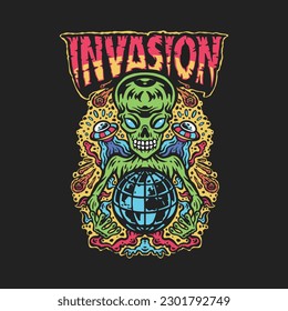 Alien invasion tee graphic vectors.