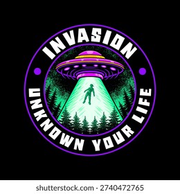 Alien Invasion UFO Abduction in Forest Vector Illustration. UFO Spaceship Badge Logo Design