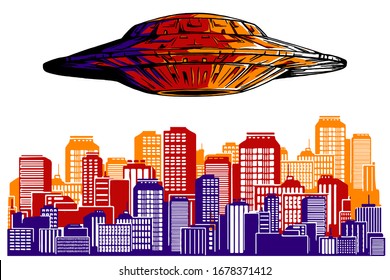 Alien Invasion. UFO destroys the city vector. Superhero protects the city. Silhouette of the city.