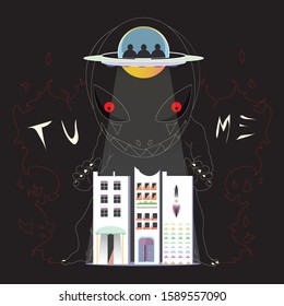 Alien Invasion Vector Illustration Building U.F.O Monster Background
