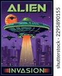 Alien invasion vintage poster colorful with flying saucers over cities planet earth with rays light to kidnap people vector illustration