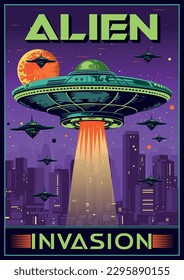 Alien invasion vintage poster colorful with flying saucers over cities planet earth with rays light to kidnap people vector illustration