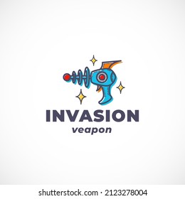 Alien Invasion Weapon Abstract Vector Sign, Symbol, Logo Template. Outline Retro Fantastic Gun Silhouette with Modern Typography. Science Fiction Emblem. Isolated