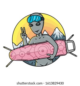 Alien with a Ironing board on the background of mountains