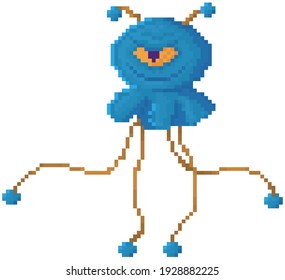 Alien isolated on white background. Space pixel game design layout template. Cartoon character in with long limbs vector illustration. Angry blue monster with one eye. Cosmic object smiles sinisterly