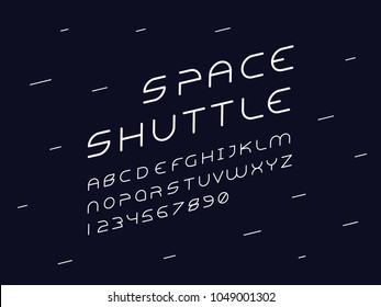 Alien italic font. Space shuttle, Vector alphabet letters and numbers. Typeface design. 