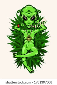 
Alien with Jamb Chilling on the Cannabis Field. Alien Smoking Weed Poster. Vector Illustration.