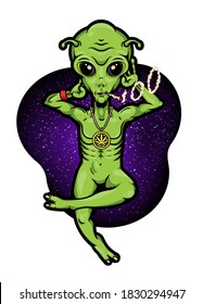 Alien con Jamb Chilling en el espacio. Afiche de la maleza fumando de un extranjero. Ilustración vectorial.