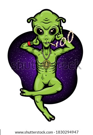 Alien with Jamb Chilling on the Space. Alien Smoking Weed Poster. Vector Illustration.