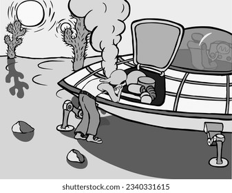 An alien in jeans and a T-shirt trying to fix the engine of his flying saucer. The action takes place in an alien desert with cacti, with two suns in the sky. Black and white vector illustration.