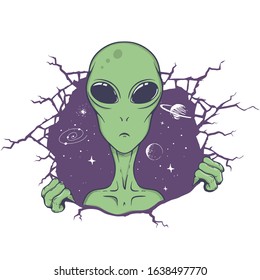 alien knocked a wall out of space. Vector illustration.Color version