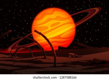 Alien landscape background. Gas giant in the dark starry sky space illustration.