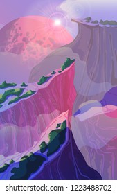 Alien landscape with crystals and mountains, star and planet in the sky. Fantasy sci-fi background. Design template for print, poster. Vector illustration