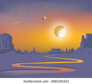 An alien landscape with a deserted valley, a winding river, rocks and a view of two planets in the sky. Color vector illustration of a beautiful lifeless scenery. Fantastic space background