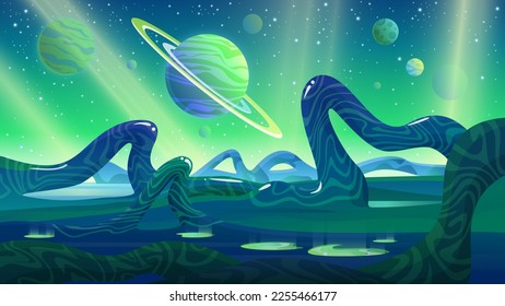 Alien Landschaft Vektorgrafik. Cartoon-Planet mit grüner Magie und seltsamen Kurven von fantastischen Monsterpflanzen auf dem Boden, Saturn und Sternen in Himmel und beängstigender Atmosphäre, Szene von Fantasy-Außerirdische Welt