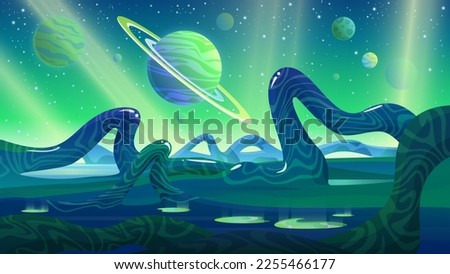Alien landscape vector illustration. Cartoon planet with green magic and weird curves of fantastic monster plants on ground, Saturn and stars in sky and scary atmosphere, scene of fantasy alien world