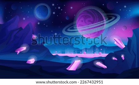 Alien landscape vector illustration. Cartoon planet in outer space, neon extraterrestrial lava on ground and fairy tale glowing crystals in dark rocks, cosmic scenery with globe of Saturn in sky