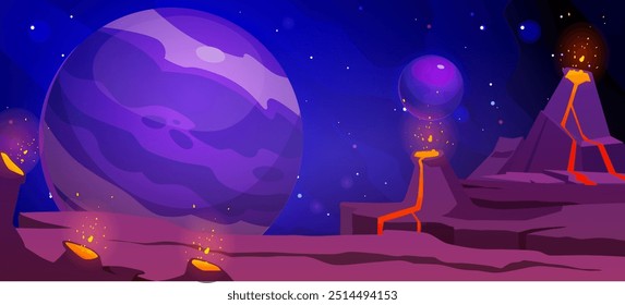 Außerirdische Landschaft. Vektorgrafik mit Krater und einem Vulkan, der Lava ausspuckt. Blick auf den Sternenhimmel und andere Planeten. Perfekt für flaches Spieldesign.